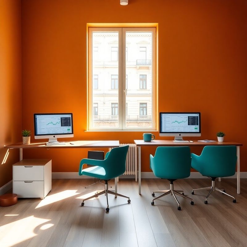 Minimalist Sibiu office interior with warm ochre wall accent and teal-modern furnishings