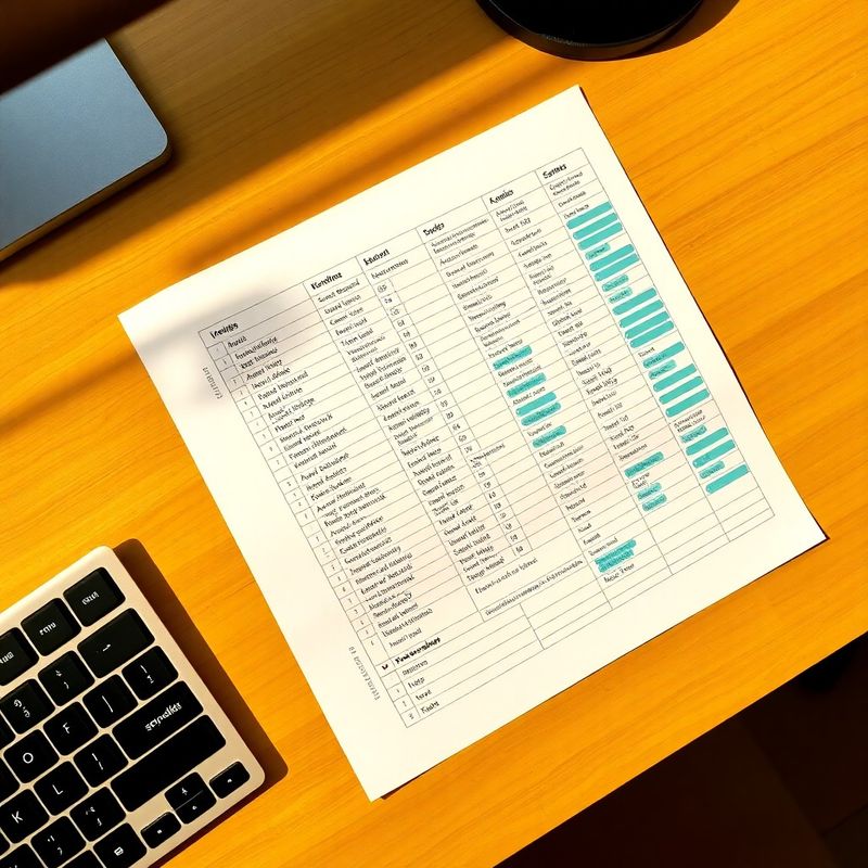 Printed keyword spreadsheet with teal annotation marks beside a mechanical keyboard
