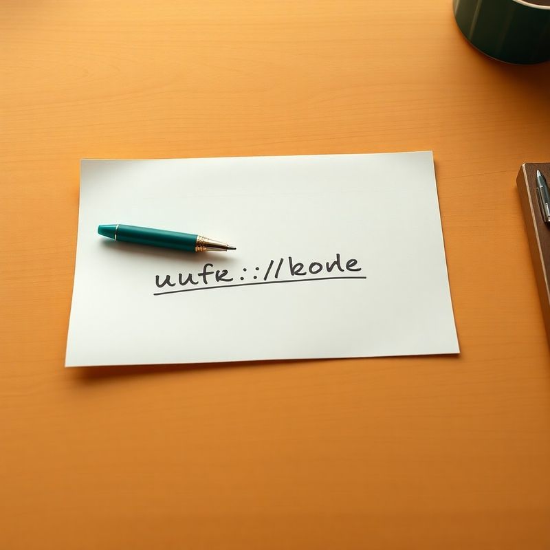 Single sheet of paper with a handwritten URL and teal pen resting on a clean desk