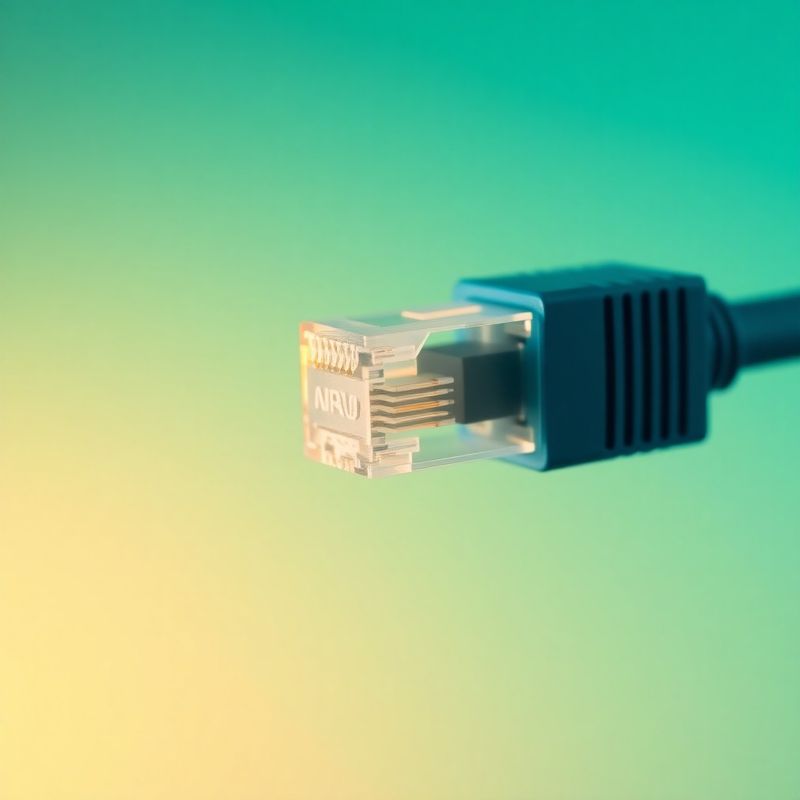 Macro photograph of a network cable connector against a teal-modern gradient background