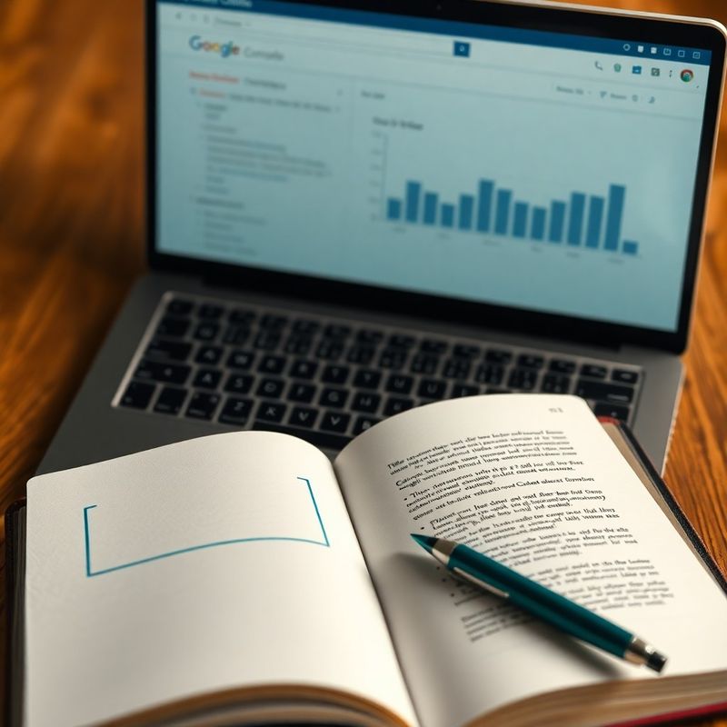 Open notebook with structured content outline in teal ink beside a laptop displaying analytics