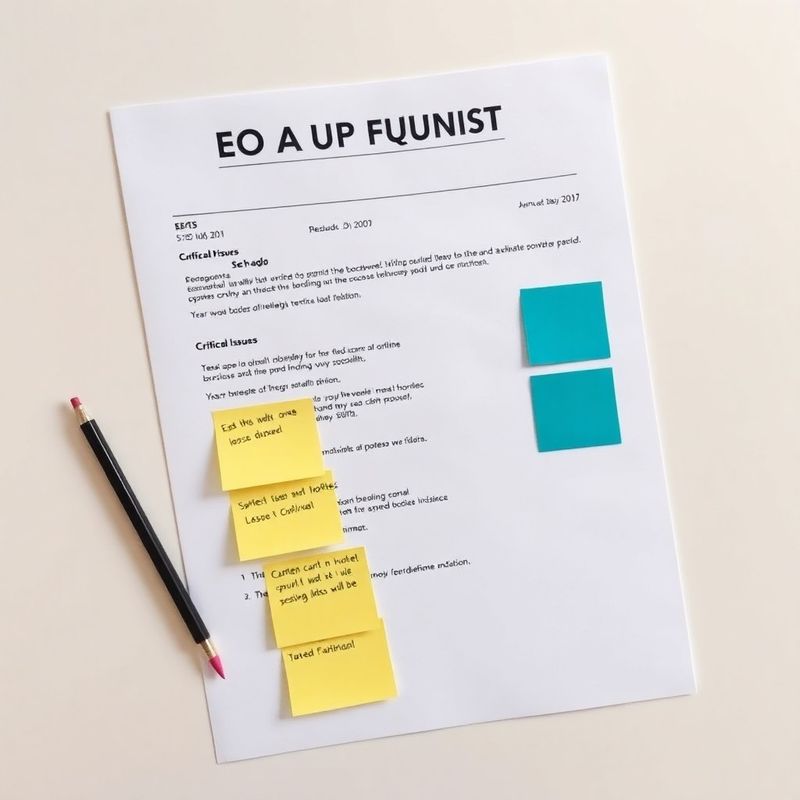 Top-down view of a printed SEO audit findings document with teal sticky-note markers