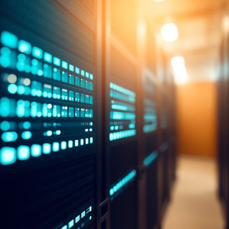 Close-up of server rack indicator lights in teal and white tones